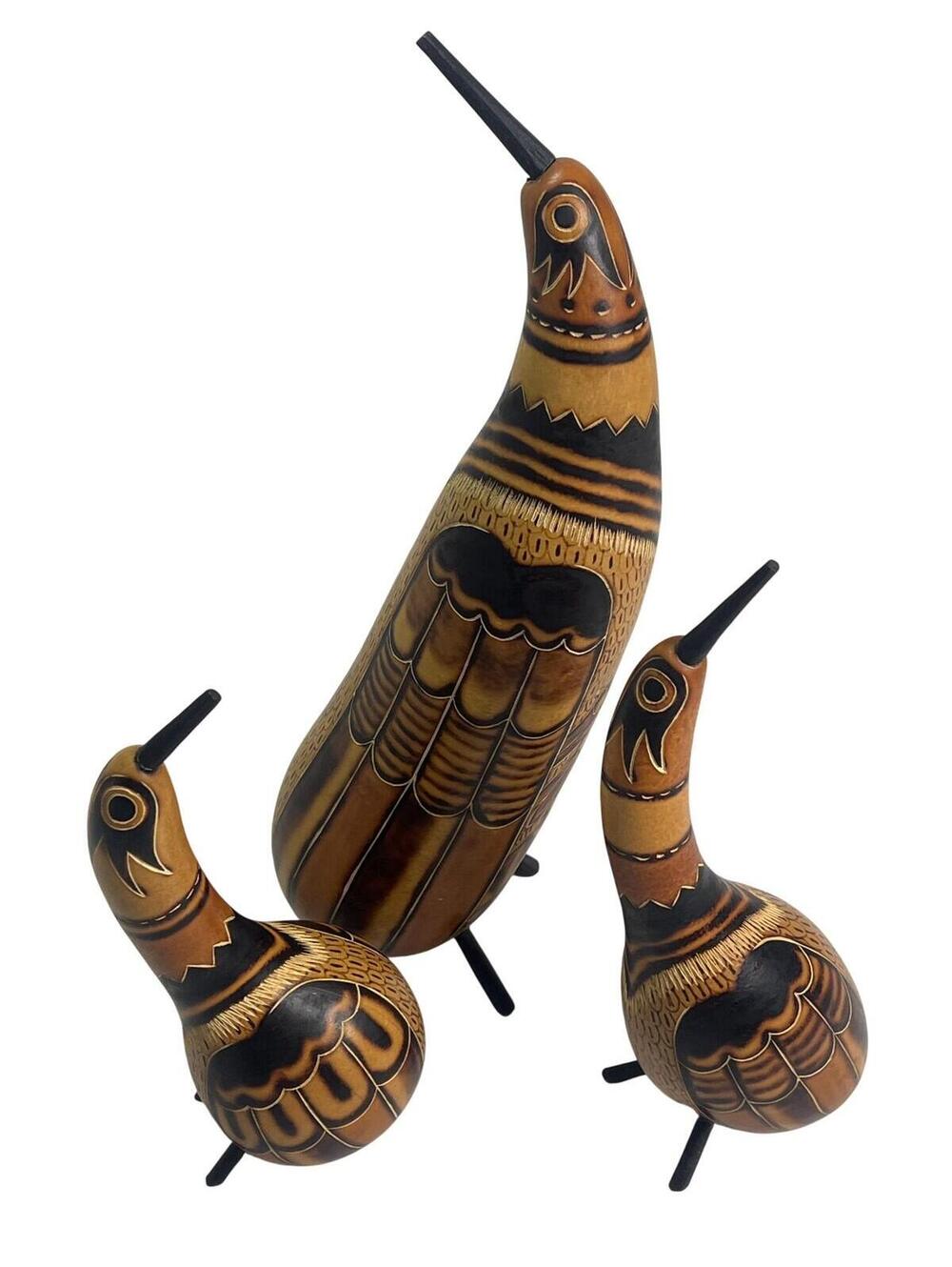 Carved Gourd Bird Figurines Set Of 3 Brown Black Rustic Primitive Large Folk Art